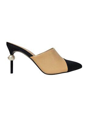 Chanel Beige/Black Leather and Canvas CC Pearl Embellished Heel Mules 39